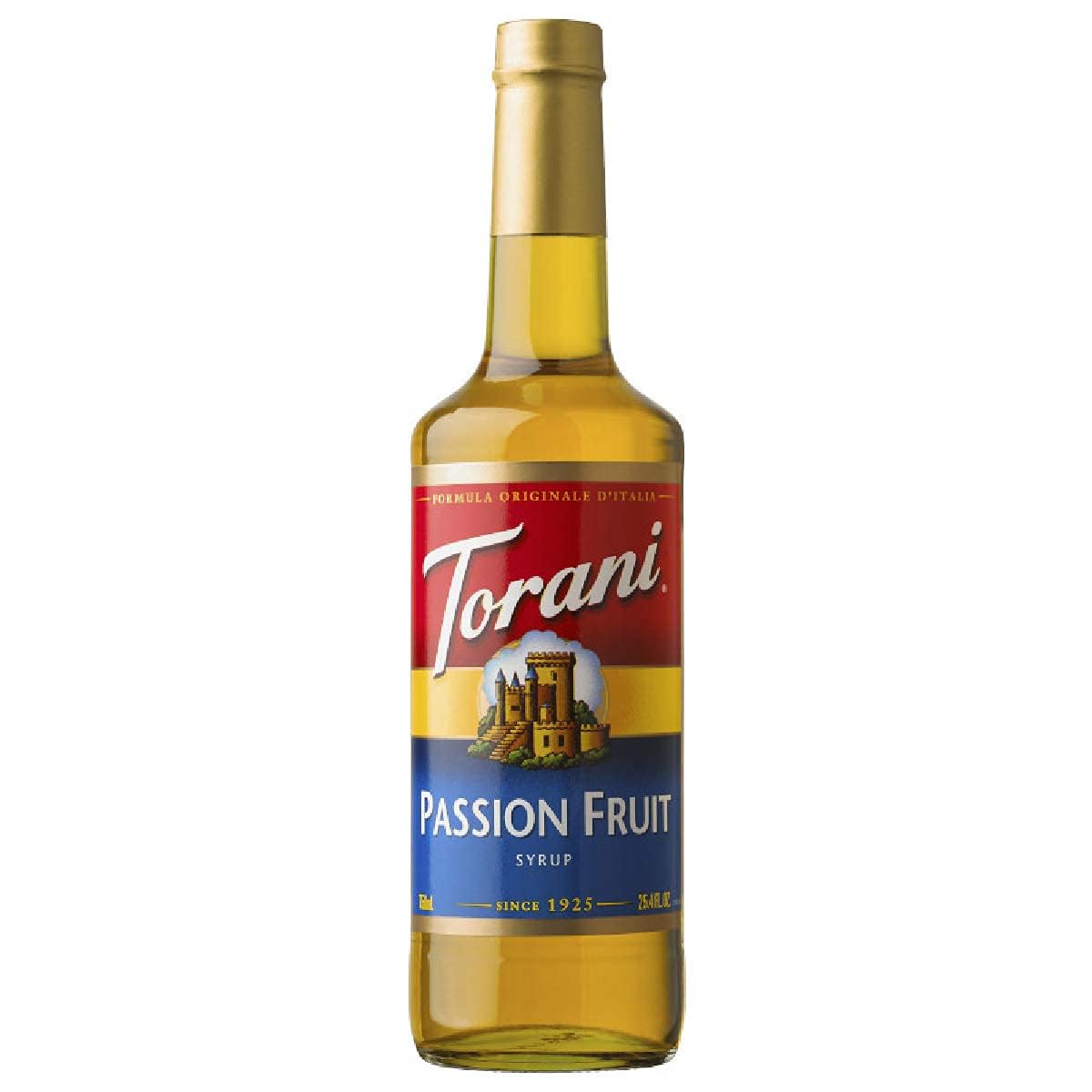 Torani Passion Fruit Syrup bottle adds premium flavor to drinks.