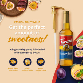 Close-up of Torani Passion Fruit Syrup with vibrant tropical fruit notes