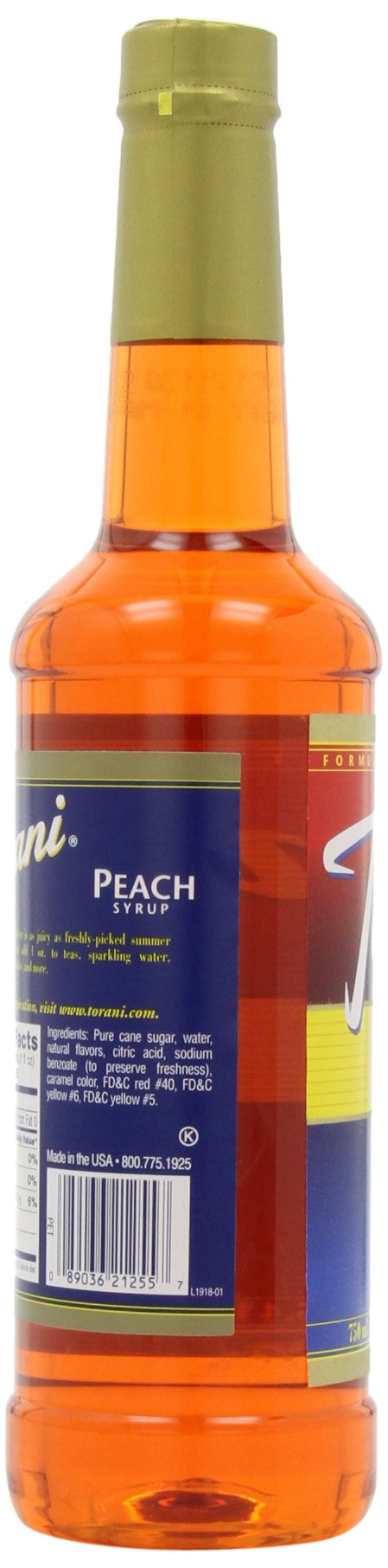 Torani peach bottle with cocktail, illustrating dessert-ready or cocktail-mixer use.