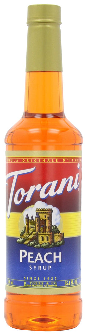 Torani Peach syrup bottle front view, ideal for peachy coffees and iced teas.