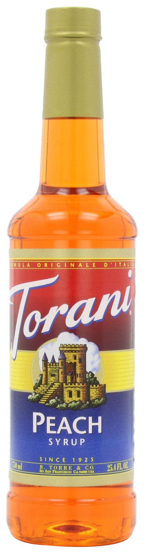 Torani Peach syrup bottle front view, ideal for peachy coffees and iced teas.