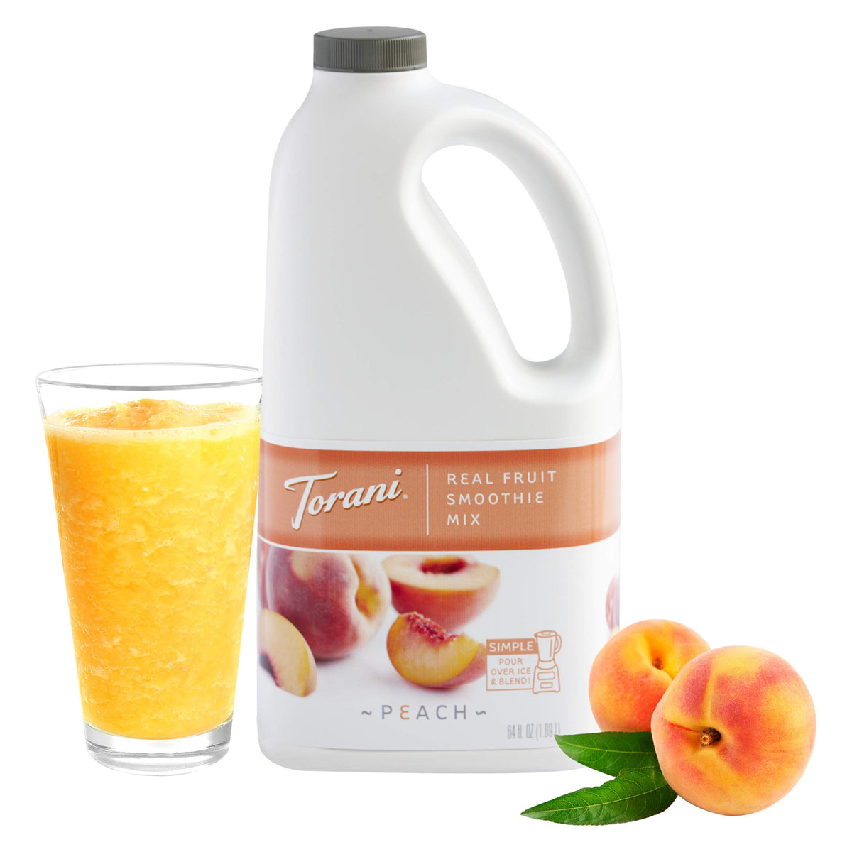 Torani Peach Real Fruit Smoothie Mix being poured into a glass for easy beverages.