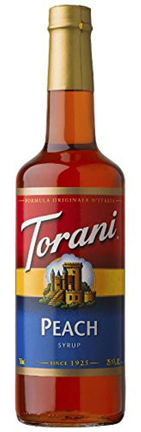 Torani Peach Syrup bottle front view for refreshing beverages