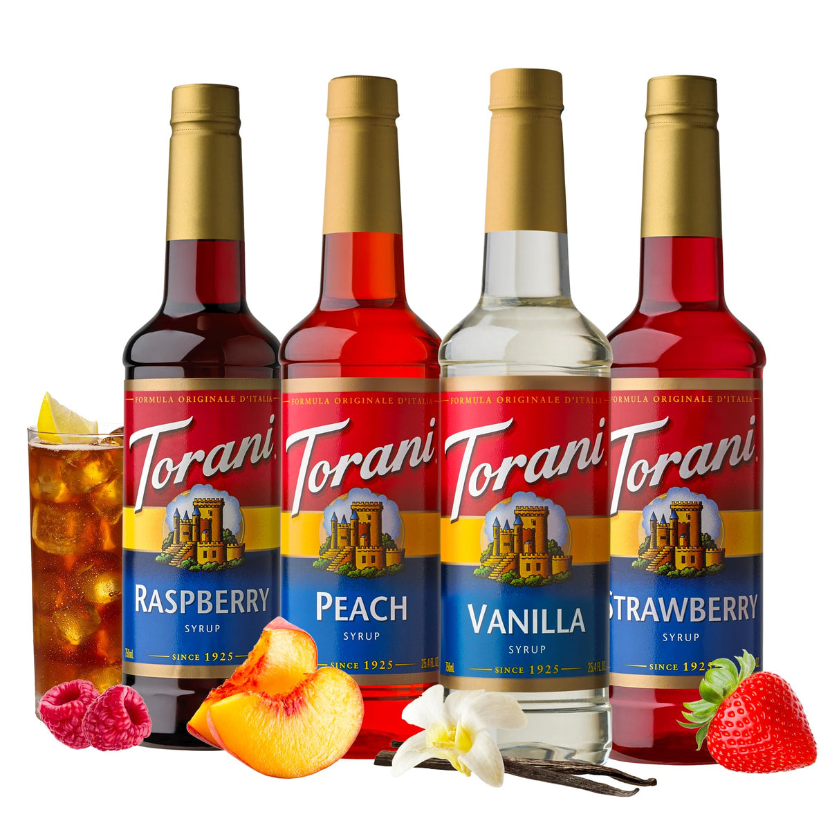 Torani peach syrup bottle enhances refreshing iced teas and sparkling lemonades.