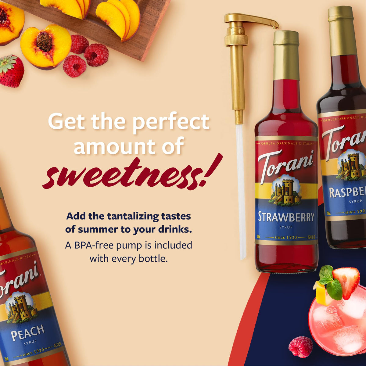Torani peach syrup bottle adds bright summer notes to drinks