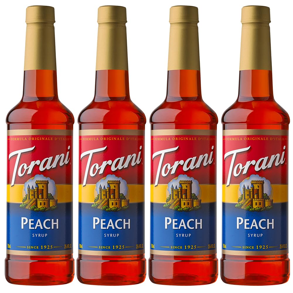 Torani Peach Syrup bottle for home use, easy sweetening and aroma enhancement.