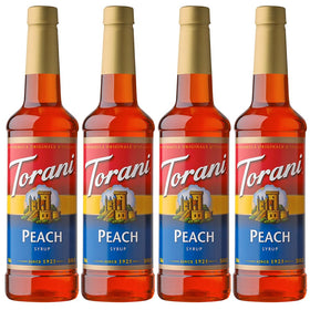 Torani Peach Syrup bottle for home use, easy sweetening and aroma enhancement.
