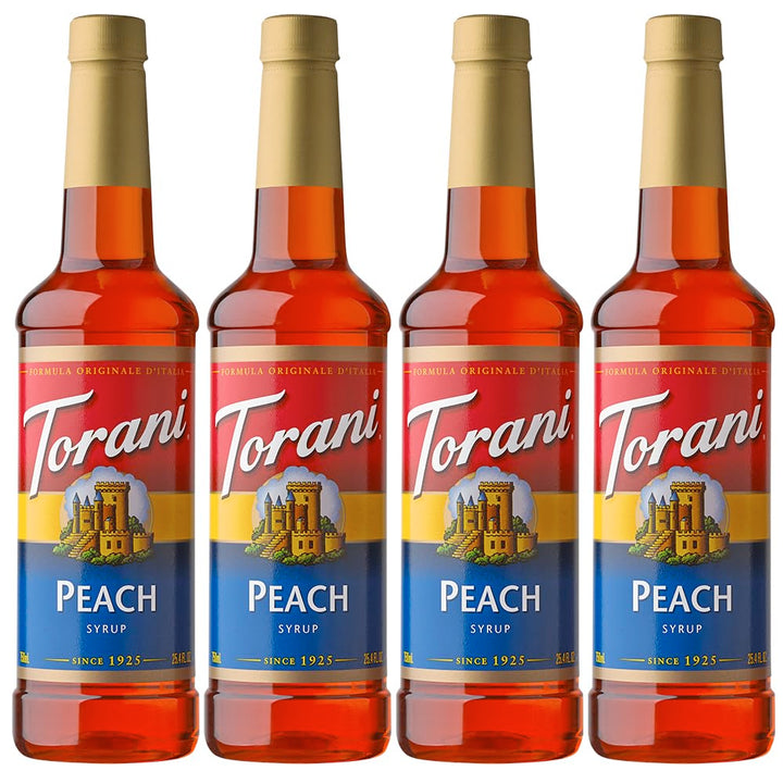 Torani Peach Syrup bottle for home use, easy sweetening and aroma enhancement.