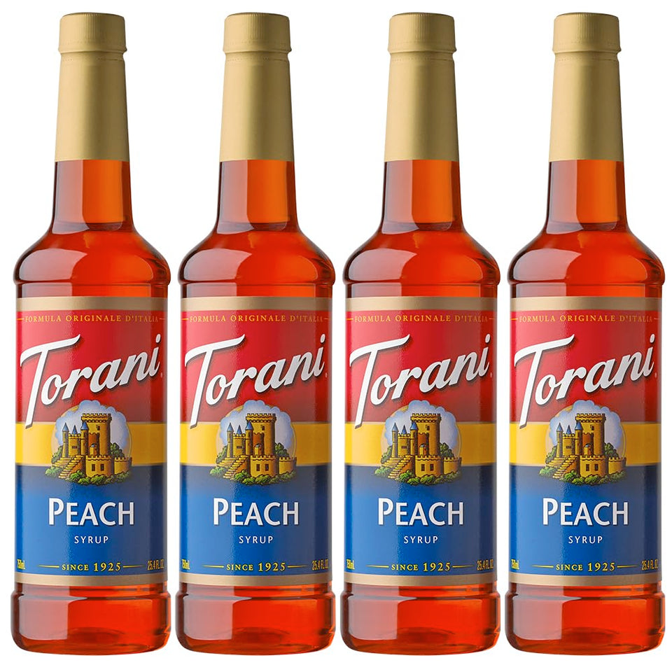 Torani Peach Syrup bottle for home use, easy sweetening and aroma enhancement.