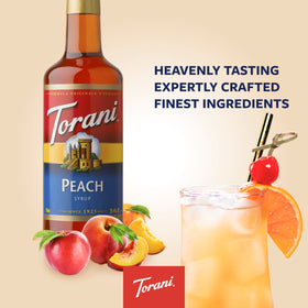 Torani Peach Syrup cafe setup evokes authentic coffeehouse flavor inspiration.
