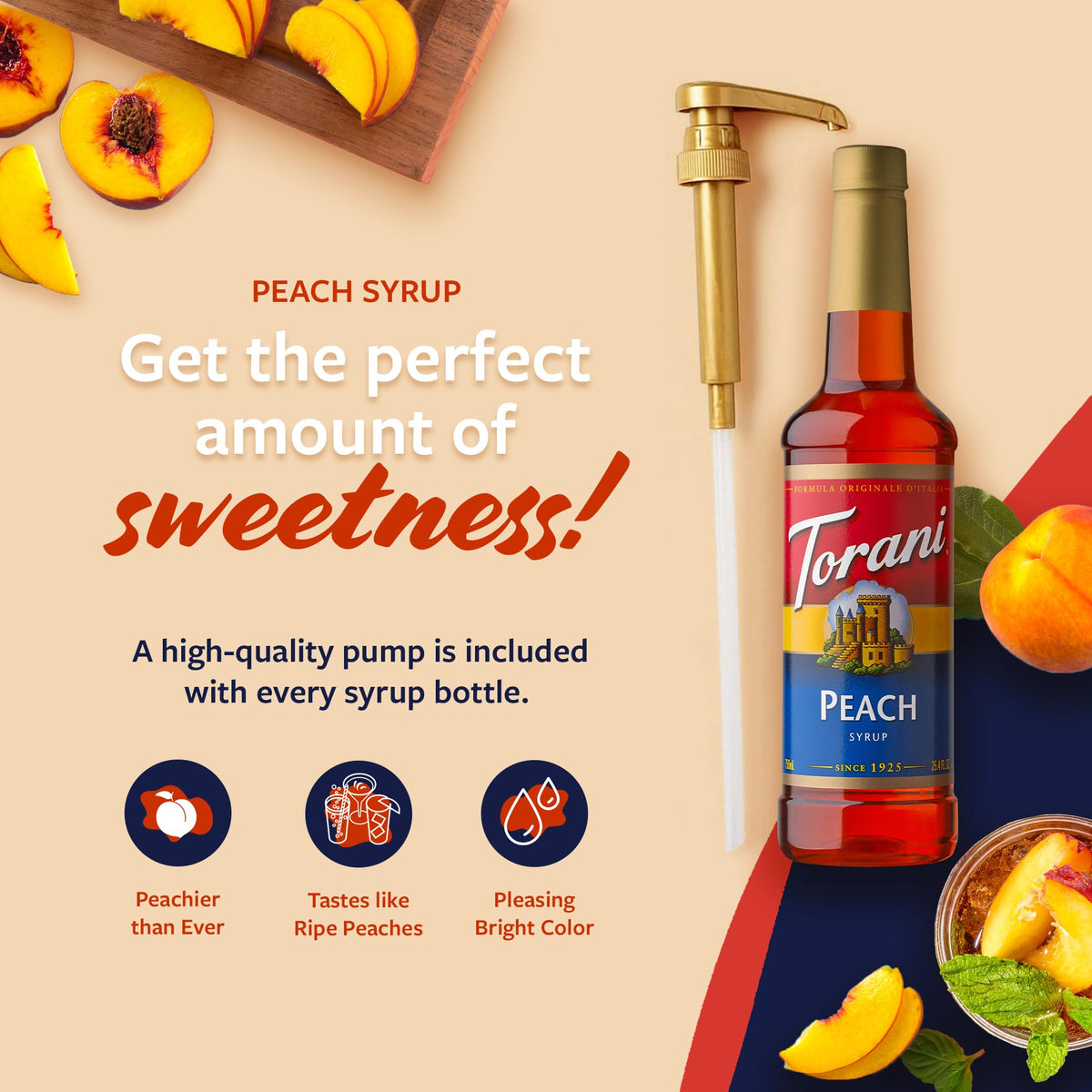 Torani Peach Syrup adds peach-forward depth to cocktails and mocktails.