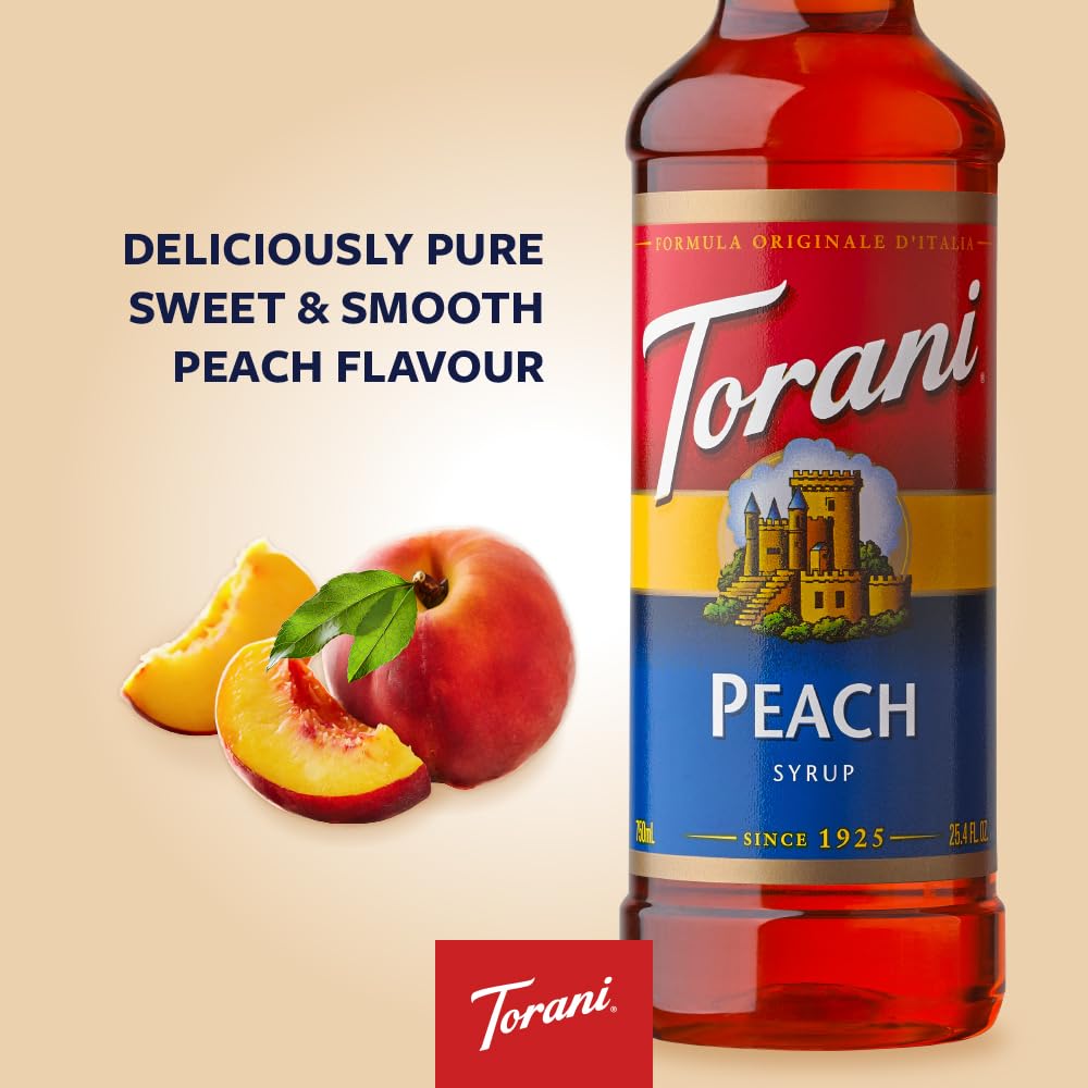 Torani Peach Syrup label close-up highlights natural flavors and cane sugar.