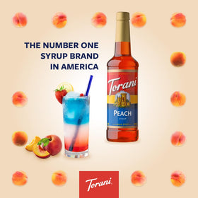 Torani Peach Syrup lemonade glass invites refreshing summer beverage ideas.