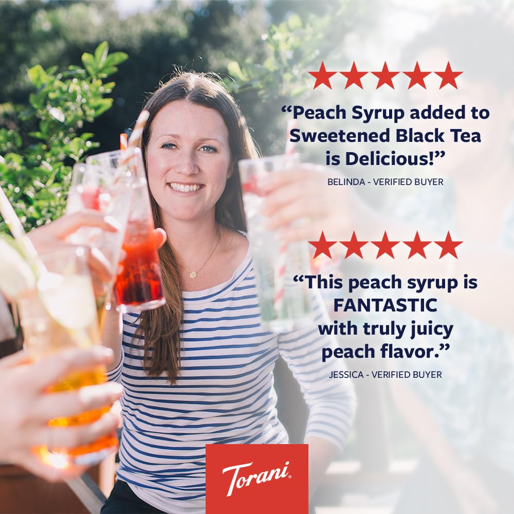 Torani Peach Syrup pour into a glass demonstrates peach flavor in iced tea.