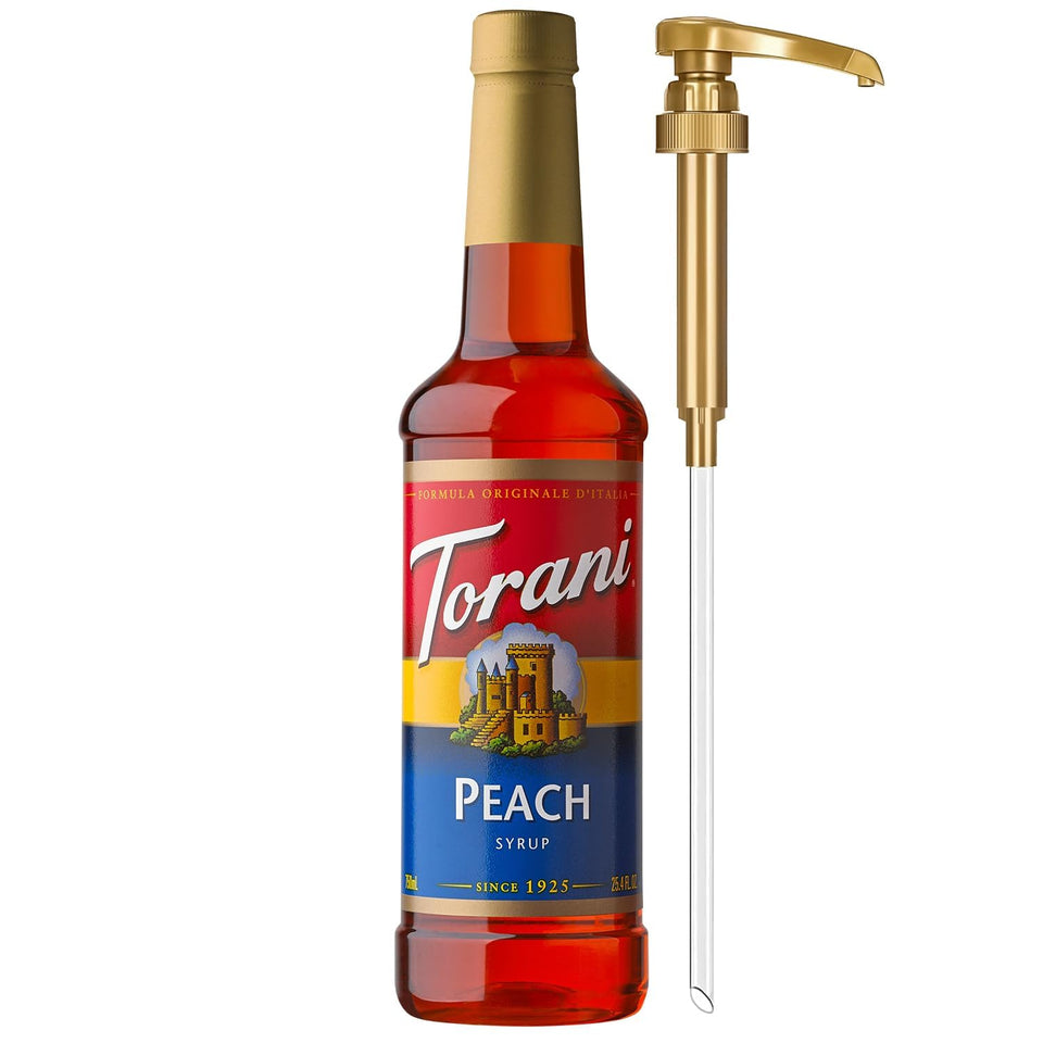 Torani Peach Syrup bottle with pump for precise, mess-free sweetening.