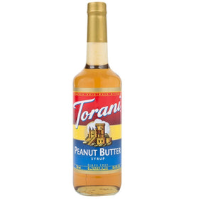 Torani Peanut Butter Syrup bottle shows rich color for creamy coffee flavoring.