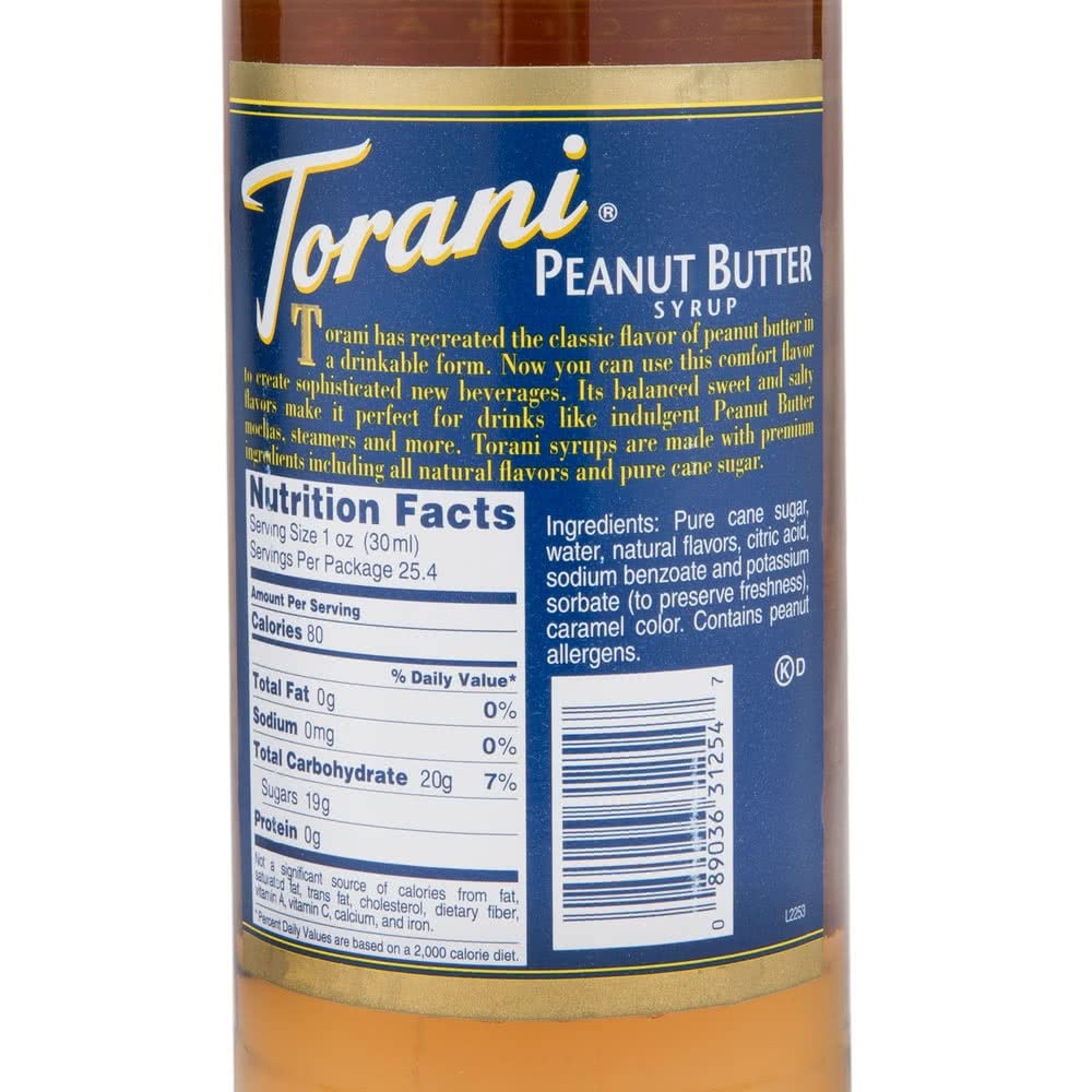 Torani Peanut Butter Syrup glass with poured drizzle for dessert-inspired drinks.