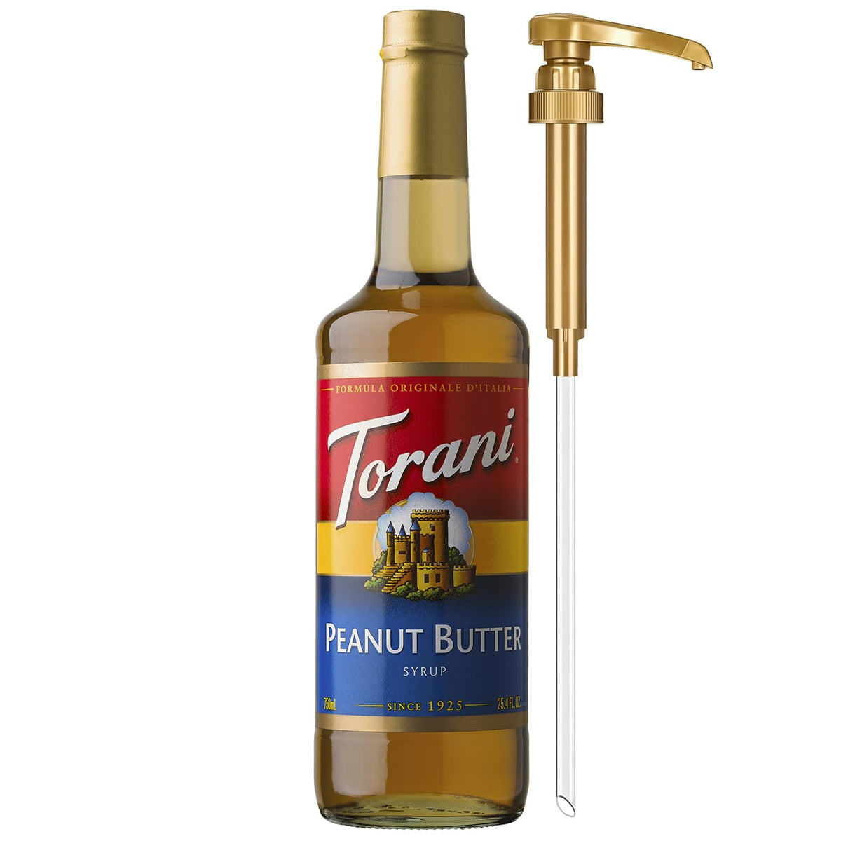 Torani peanut butter syrup bottle with pump for mess-free flavoring.