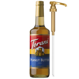 Torani peanut butter syrup bottle with pump for mess-free flavoring.