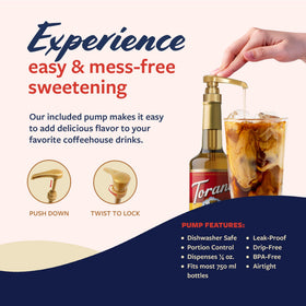 Torani peanut butter syrup drizzle on dessert, suggesting topping and sweetness.