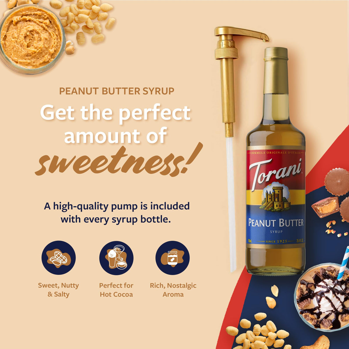 Torani peanut butter syrup latte art, showcasing beverage versatility.