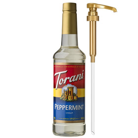 Torani peppermint coffee syrup bottle with pump for easy, mess-free sweetness.