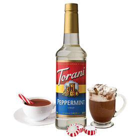 Torani Peppermint Syrup close-up shows natural flavors and the 750 ml bottle.
