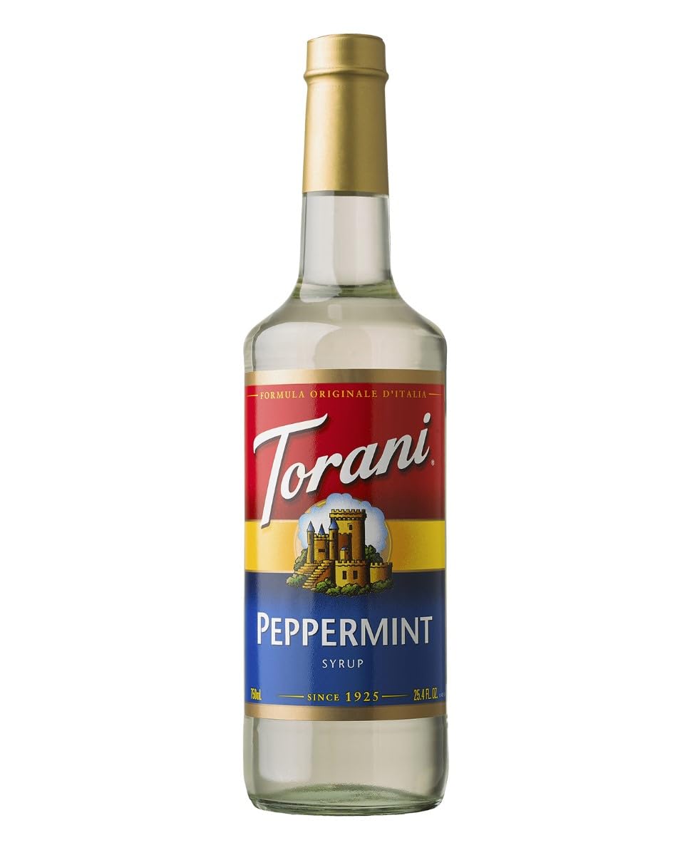 Torani Peppermint Syrup bottle front showcasing bold mint flavor for beverages
