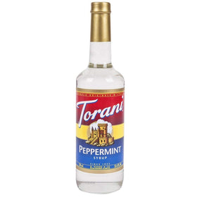 Torani Peppermint Syrup bottle pour enhances coffee and hot chocolate.