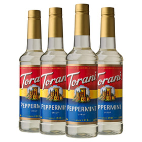 Torani Peppermint Syrup bottle adds a minty note to coffee and desserts.