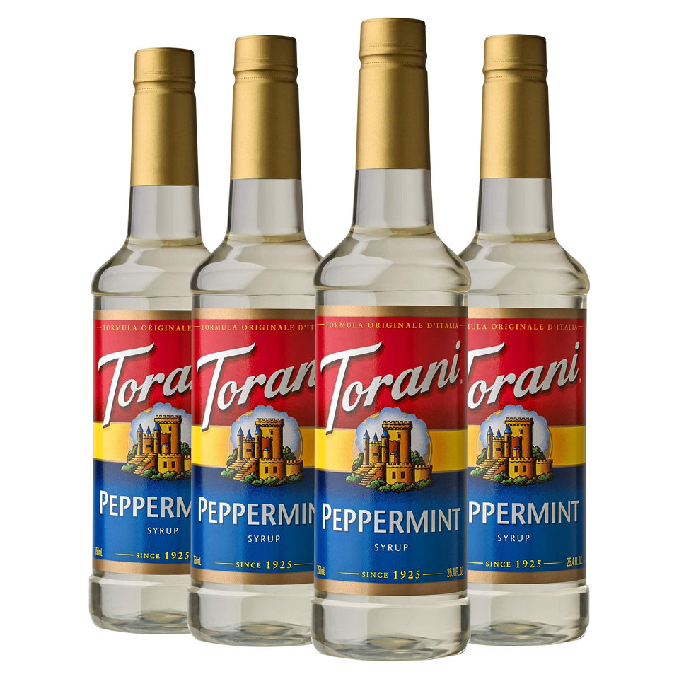 Torani Peppermint Syrup bottle adds a minty note to coffee and desserts.