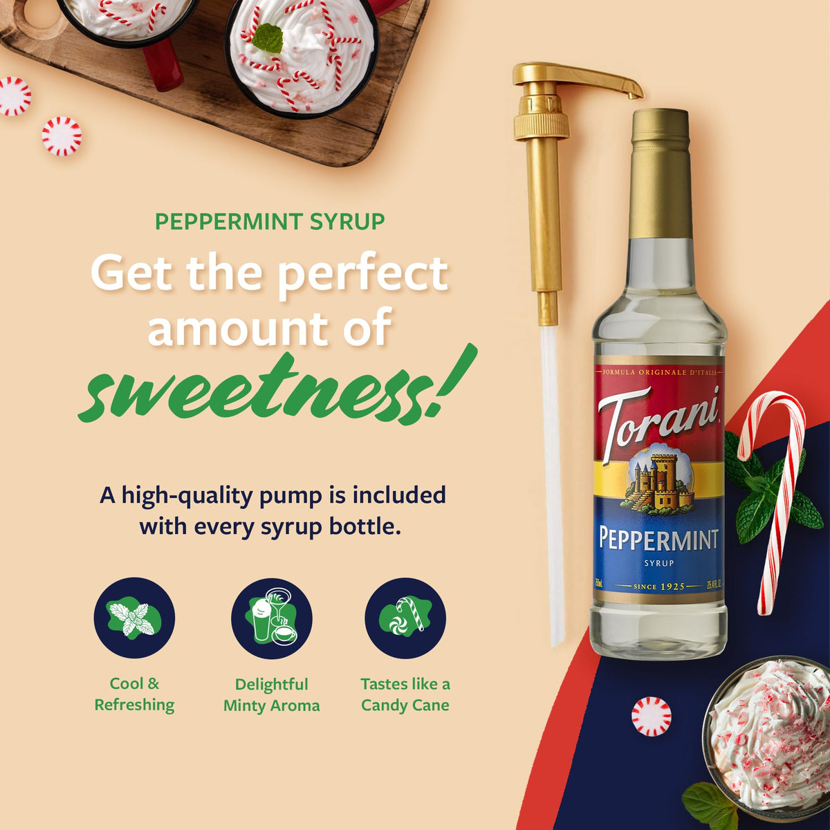 Torani peppermint syrup enhances cafe beverages and desserts with minty fresh notes.