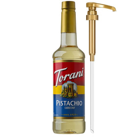 Torani Pistachio Coffee Syrup bottle ready to flavor drinks with pistachio richness.