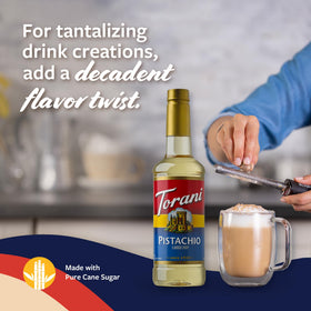 Torani Pistachio coffee with foam showcases vibrant flavor notes.