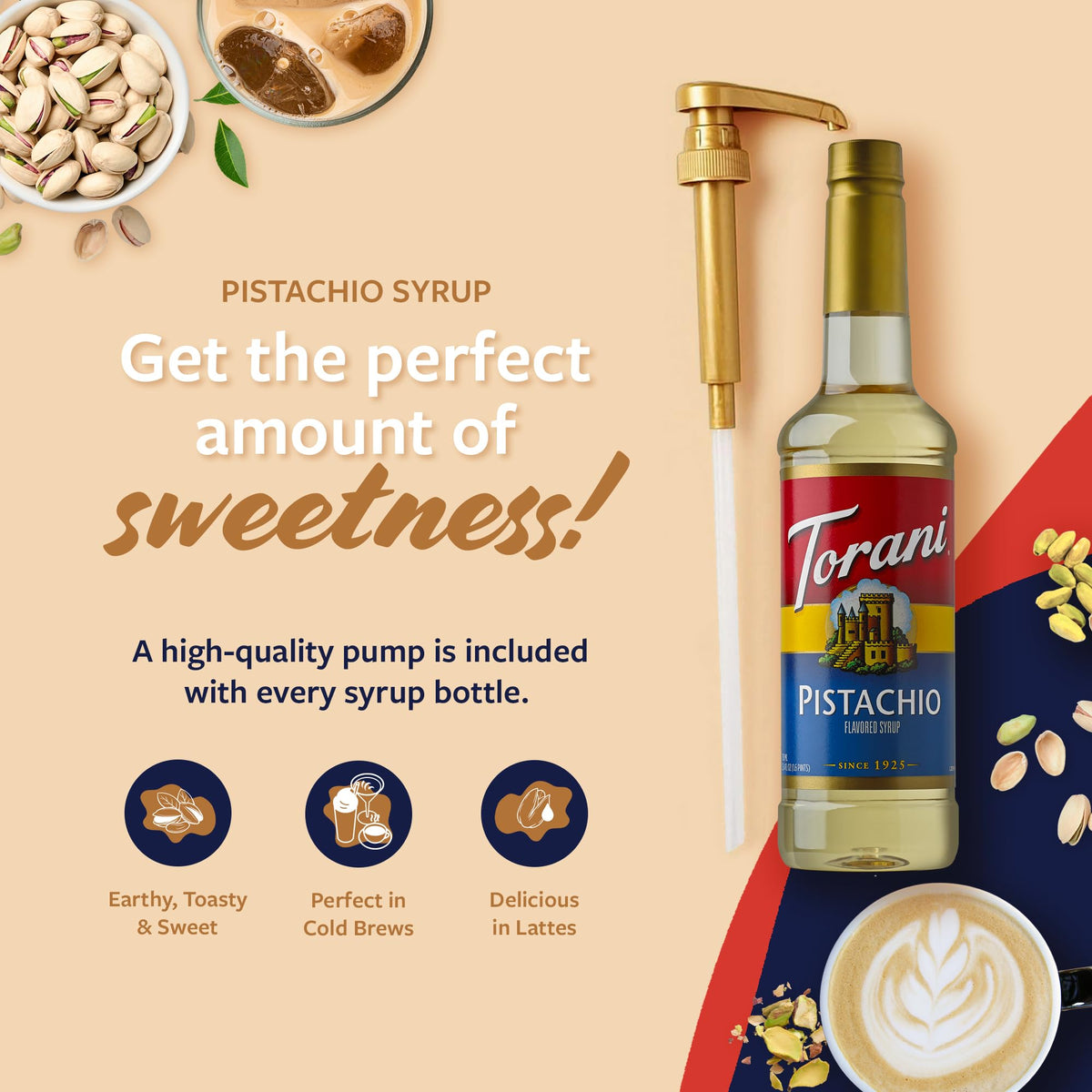 Torani Pistachio Syrup bottle and glass for a creamy latte.