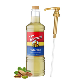 Torani Pistachio Syrup bottle with pump for mess-free home lattes.