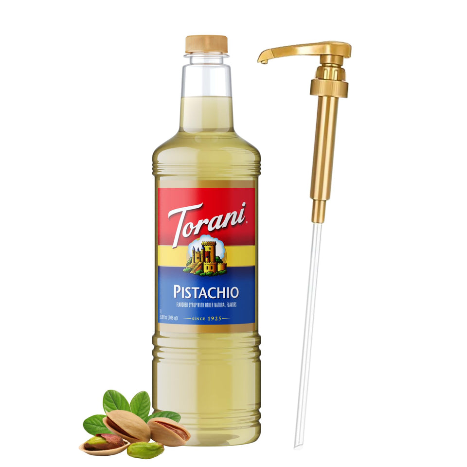 Torani Pistachio Syrup bottle with pump for mess-free home lattes.