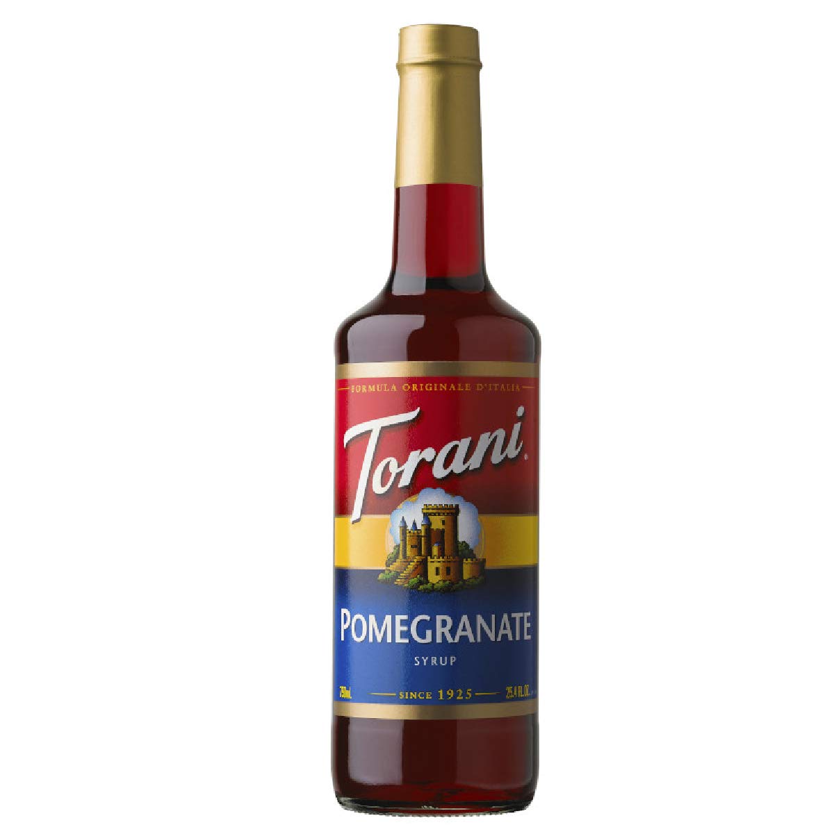 Torani Pomegranate Drink Syrup bottle front view with bold flavor.