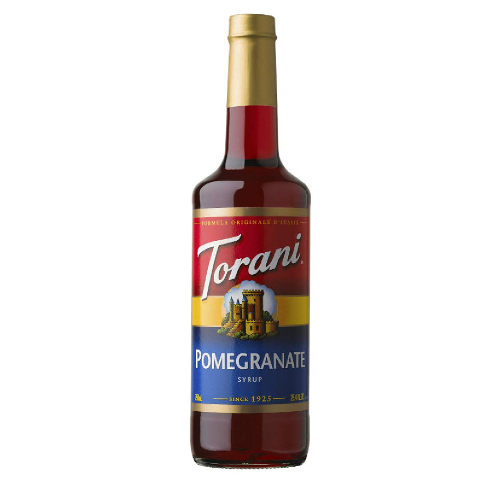 Torani Pomegranate Drink Syrup bottle front view with bold flavor.