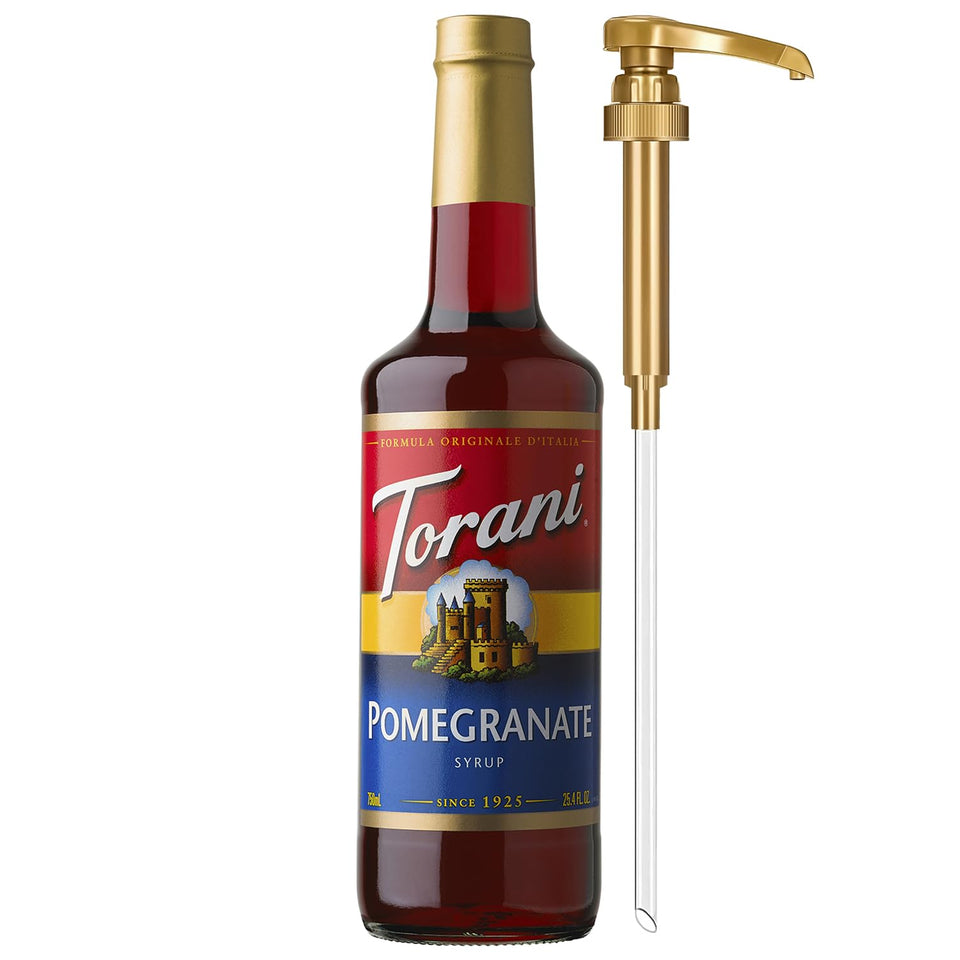 Torani Pomegranate Syrup bottle with pump for precise, mess-free drinks.