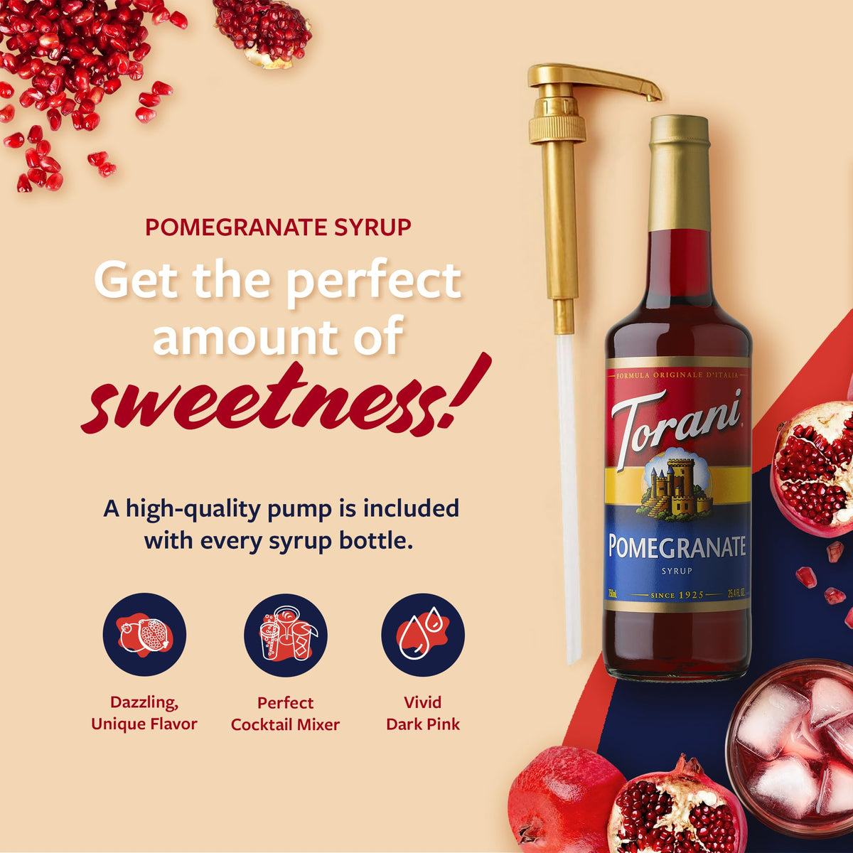 Close-up of Torani Pomegranate Syrup glass bottle highlighting premium packaging.