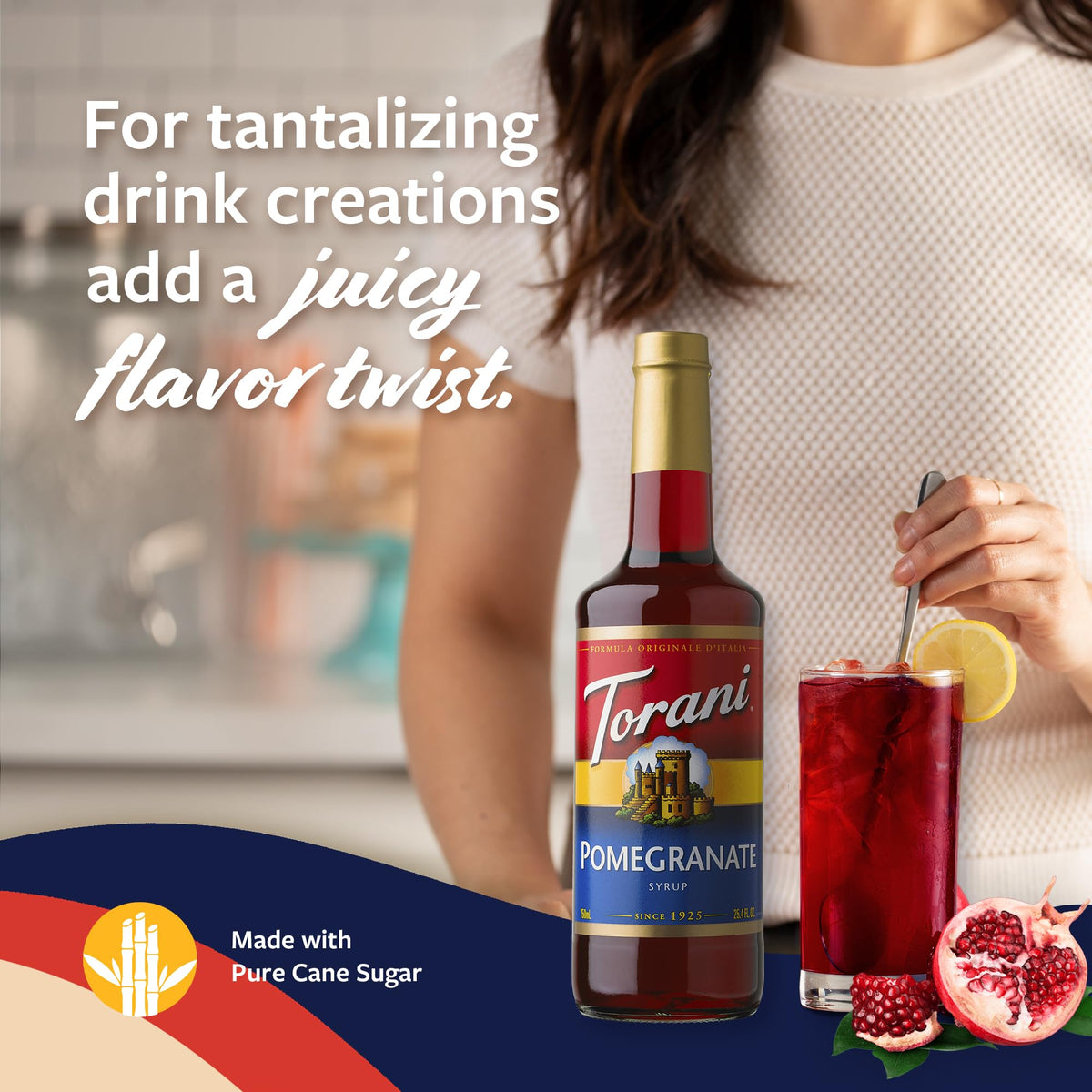 Detail of Torani Pomegranate Syrup label showing natural flavors and cane sugar.