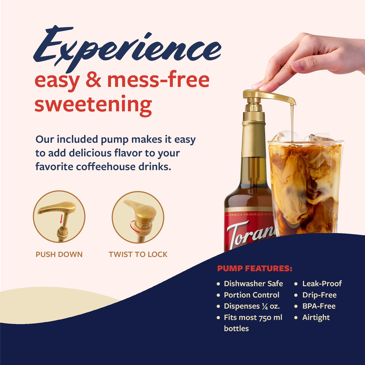 Pump in action delivering precise sweetness for drinks and desserts.