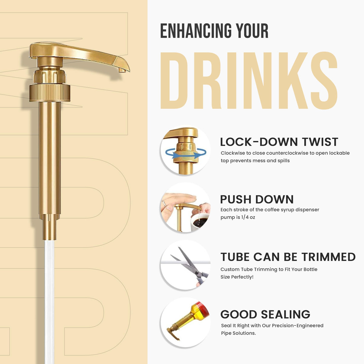 Pump attached to syrup bottle simplifies pouring with measured, consistent dosing.