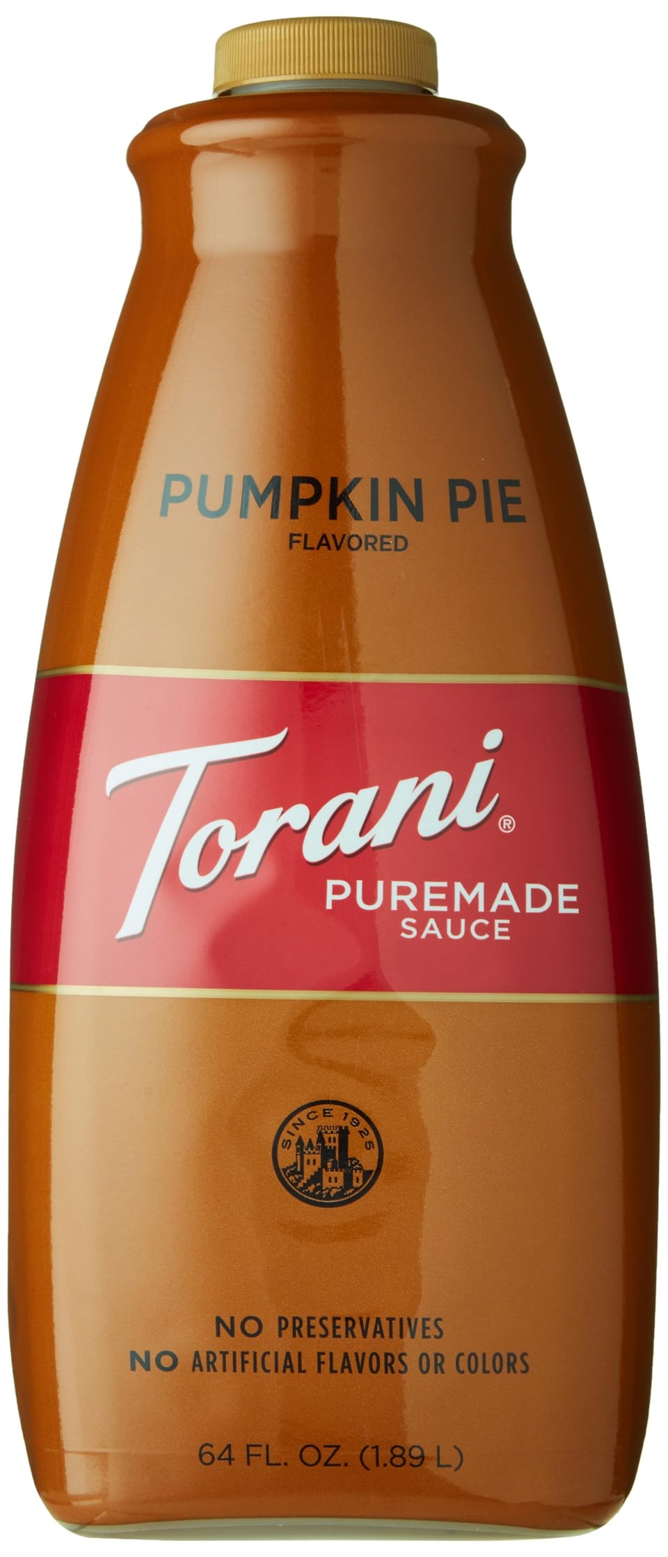 Torani Pumpkin Pie Puremade Sauce bottle on a kitchen shelf for pumpkin spice flavoring.
