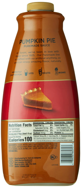 Torani Pumpkin Pie Puremade Sauce poured into a latte for pumpkin flavor.