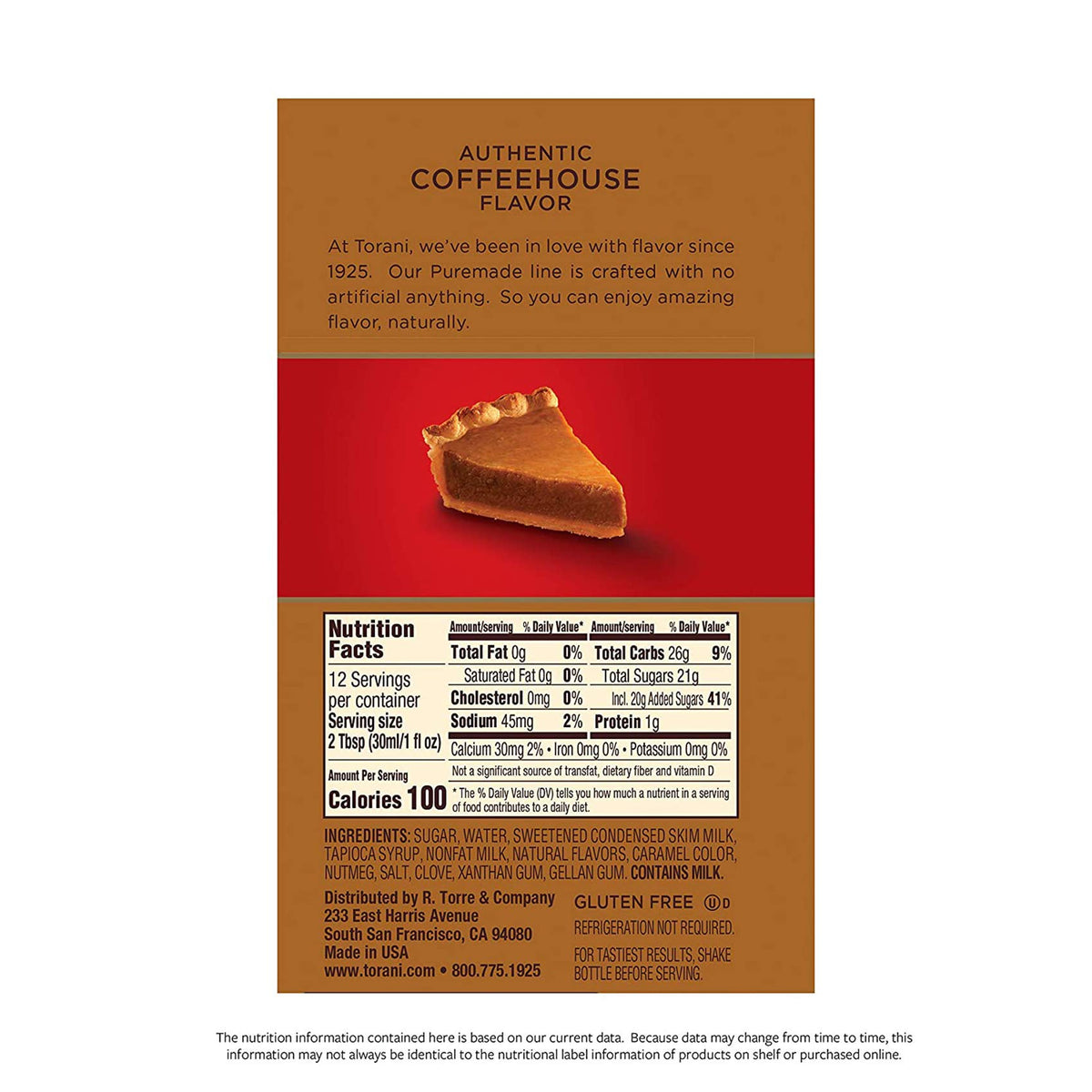 Torani Pumpkin Pie Sauce label shows natural ingredients and no artificial preservatives.