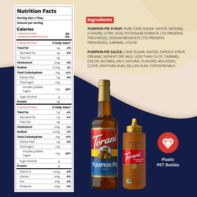 Torani Pumpkin Pie Sauce squeeze bottle shown, ideal for drizzle over cold foam.
