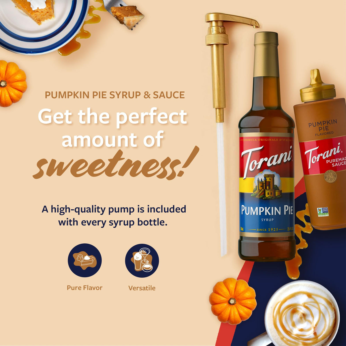 Torani 750 ml bottle with pump ready for café-style pumpkin delights.