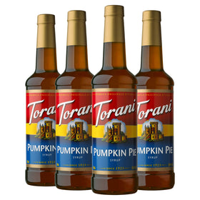 Torani Pumpkin Pie Syrup bottle front for cozy coffee flavor enhancements.